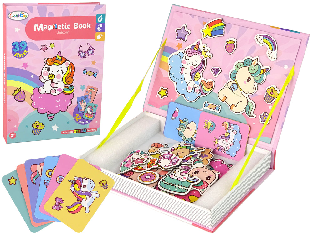 Magnetyczna Układanka Książka Jednorożce ColorDay, zestaw 39 kolorowych puzzli magnetycznych i kart z wzorami, edukacyjna zabawka dla dzieci od 3 lat rozwijająca kreatywność.