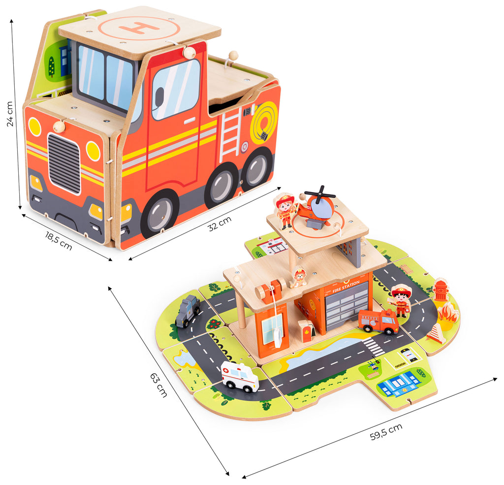 Drewniany garaż zestaw straży pożarnej 2w1 – remiza i wóz 2 piętra figurki pojazdy ECOTOYS