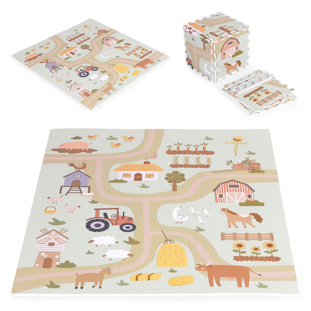 Mata piankowa EVA dla dzieci farma 90,5x90,5 cm. Kolorowe puzzle z motywem zwierząt, traktora i wiejskiego krajobrazu, idealne do zabawy i nauki raczkowania.