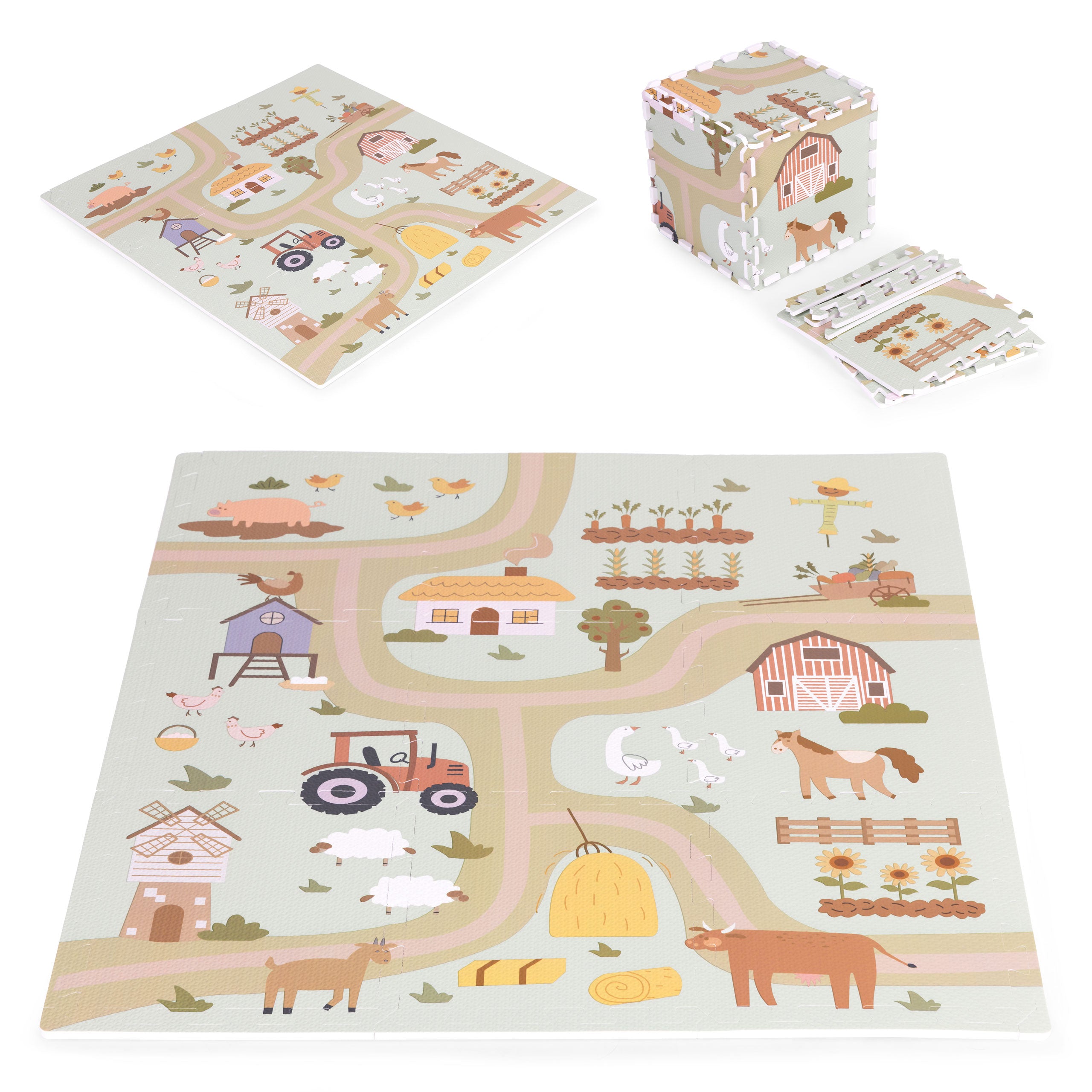 Mata piankowa EVA dla dzieci farma 90,5x90,5 cm. Kolorowe puzzle z motywem zwierząt, traktora i wiejskiego krajobrazu, idealne do zabawy i nauki raczkowania.