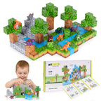 Klocki magnetyczne konstrukcyjne zestaw 142 elementy sześciany dinozaury: uśmiechnięte dziecko buduje barwne konstrukcje, widoczny zestaw i opakowanie.