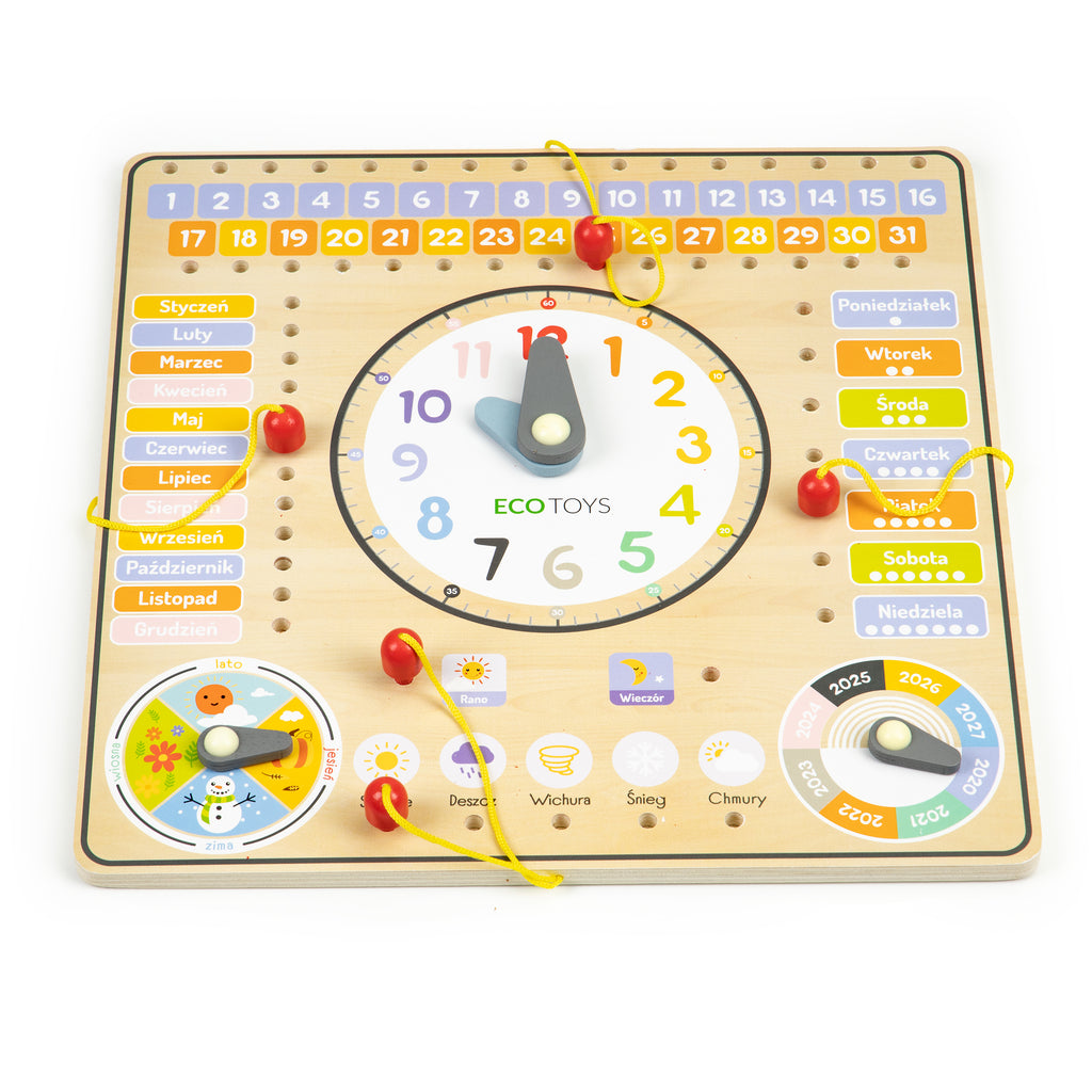 Drewniana tablica manipulacyjna kalendarz zegar ECOTOYS. Edukacyjna zabawka dla dzieci do nauki dni tygodnia, miesięcy, pór roku, lat i odczytywania godziny, w stonowanych kolorach.