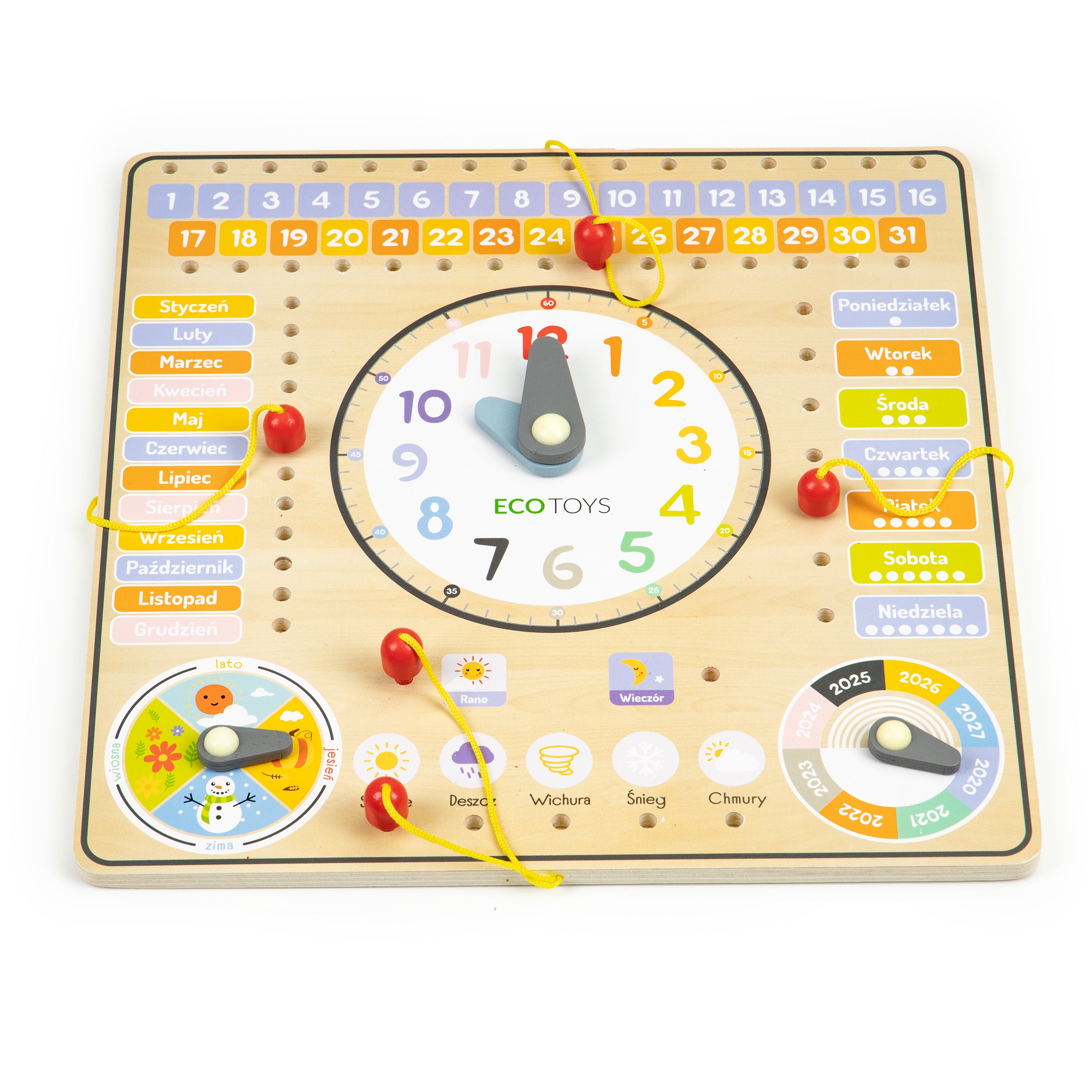 Drewniana tablica manipulacyjna kalendarz zegar ECOTOYS. Edukacyjna zabawka dla dzieci do nauki dni tygodnia, miesięcy, pór roku, lat i odczytywania godziny, w stonowanych kolorach.