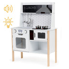 Drewniana kuchnia dla dzieci ECOTOYS z dźwiękami i światłami LED, wyposażona w piekarnik, mikrofalę i szafki, idealna do twórczej zabawy.