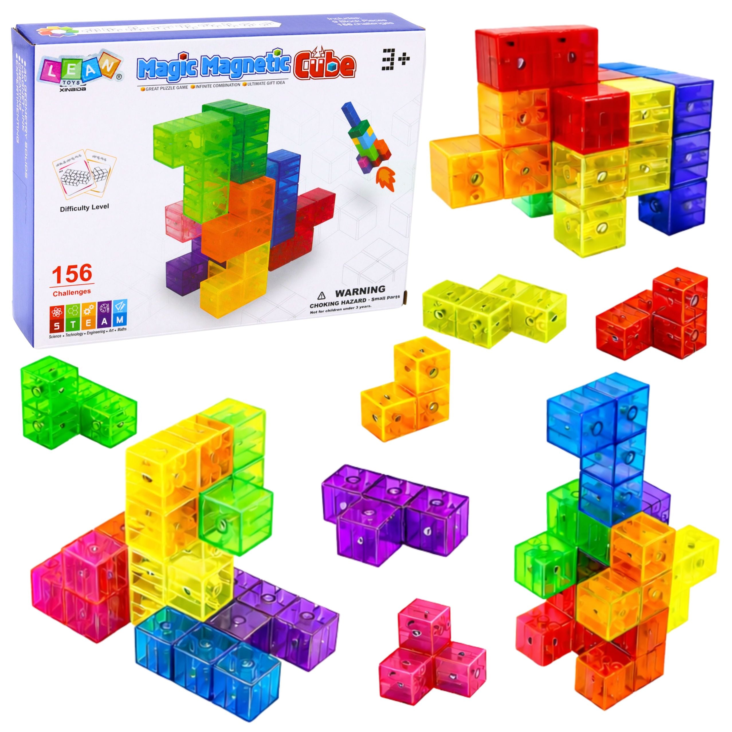 Klocki magnetyczne Magic Magnetic Cube 9 elementów w kolorach tęczy, z pudełkiem i 156 kartami z wyzwaniami. Idealne do kreatywnego budowania i rozwijania umiejętności dzieci.