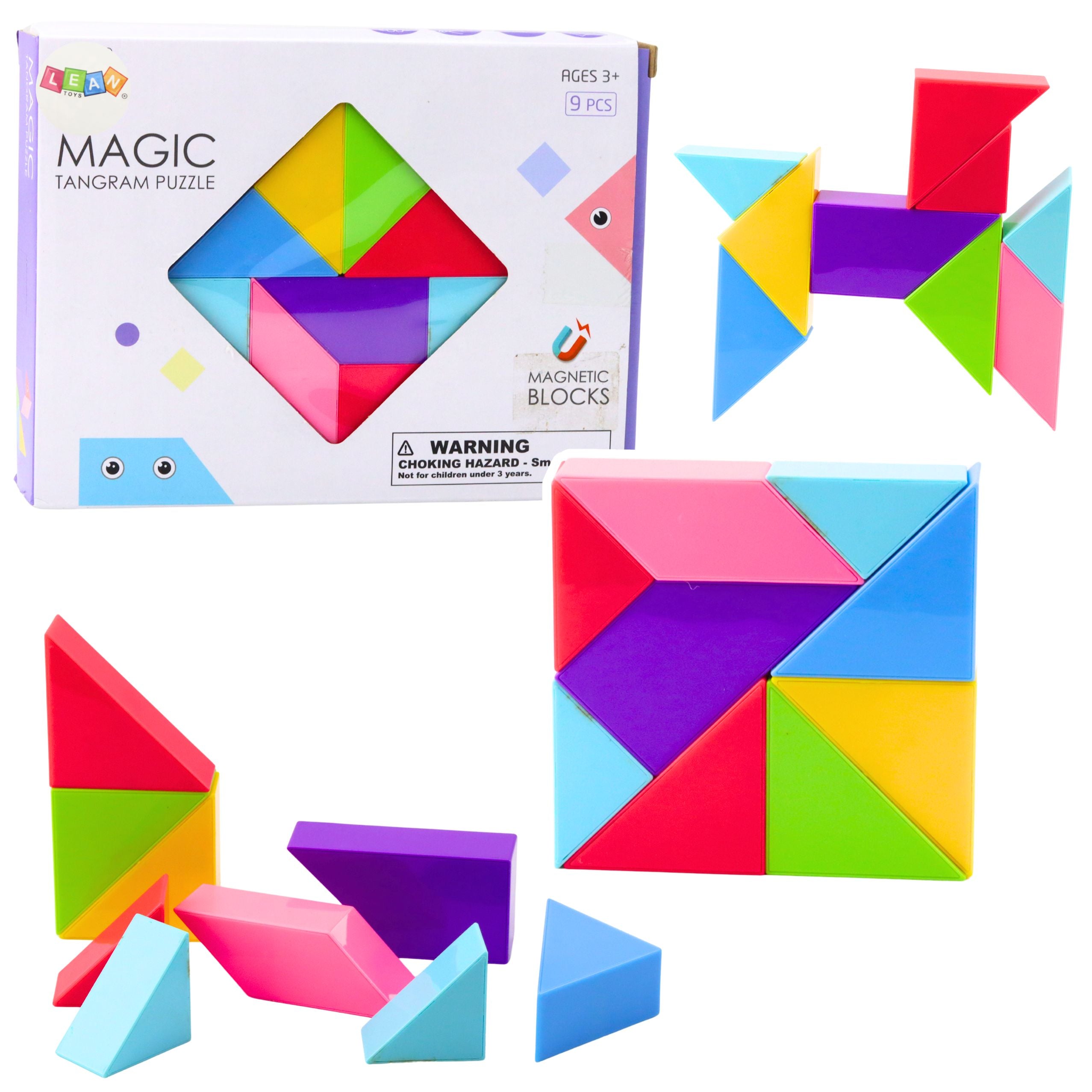 Klocki Magnetyczne Tangram Kolorowa Układanka 9 el. w pudełku, z ułożonymi figurami kwadratu i psa, to kreatywna zabawka edukacyjna dla dzieci.