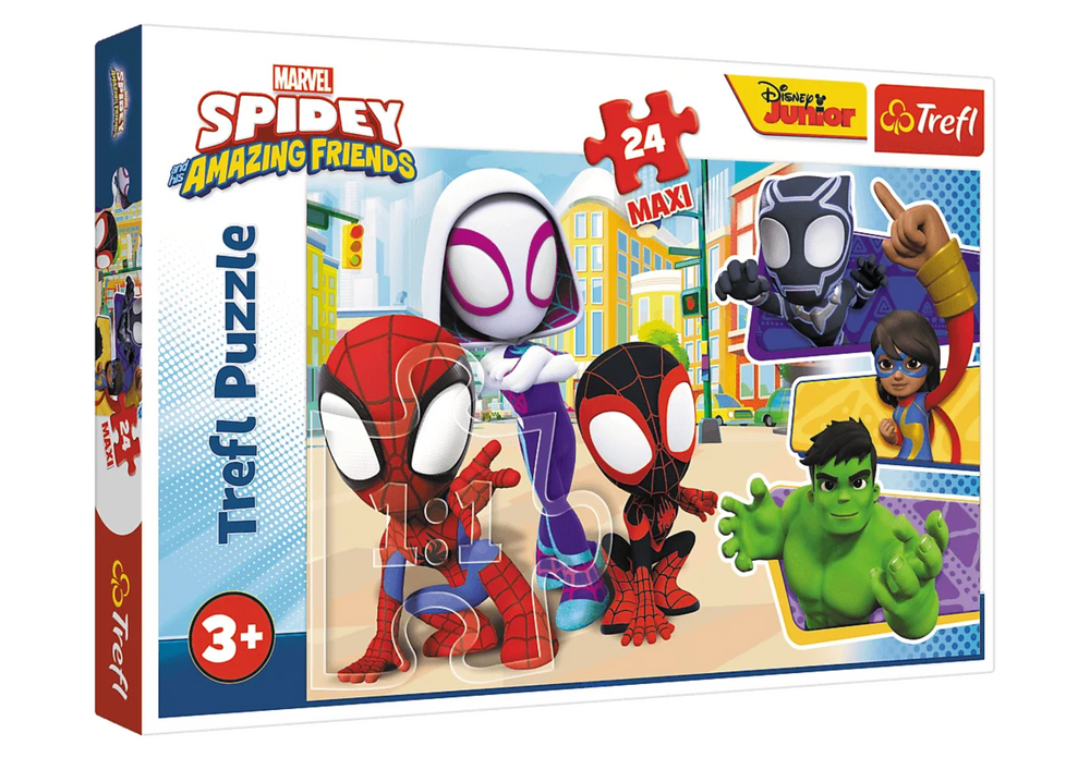 Puzzle Trefl 14348 Spidey i Przyjaciele 24 MAXI, z postaciami Marvela: Spidey, Ghost-Spider, Miles Morales, Hulk, Czarna Pantera, Ms. Marvel.