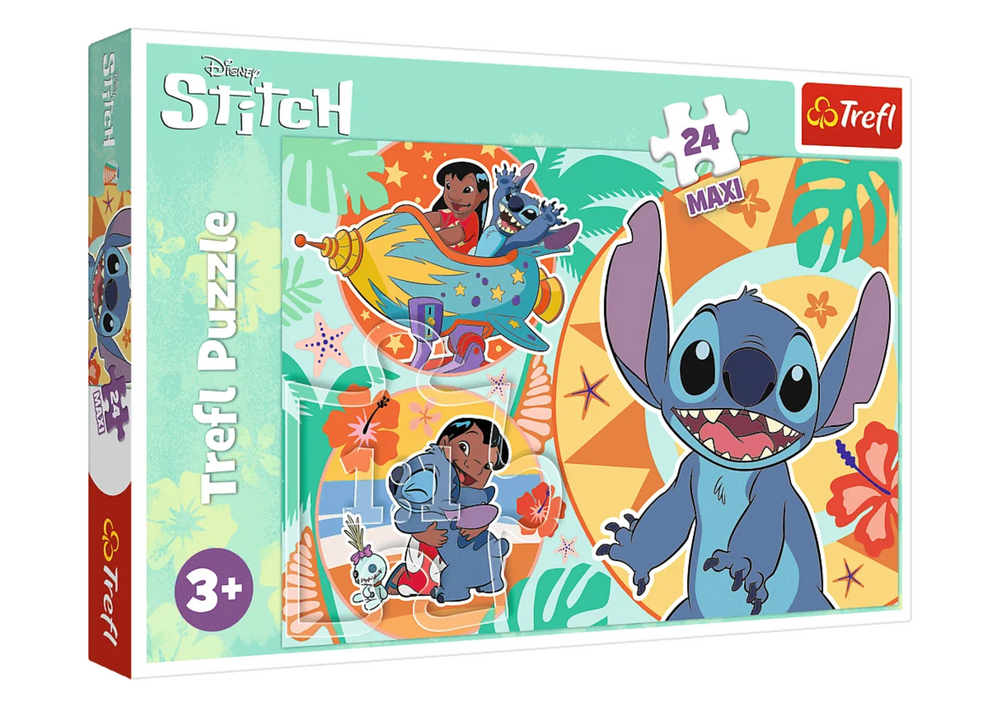 Puzzle Trefl 14365 Wesoły dzień Lilo i Stitch, 24 maxi elementy. Kolorowa układanka Disneya dla dzieci, z ulubionymi bohaterami w radosnej, tropikalnej scenerii.