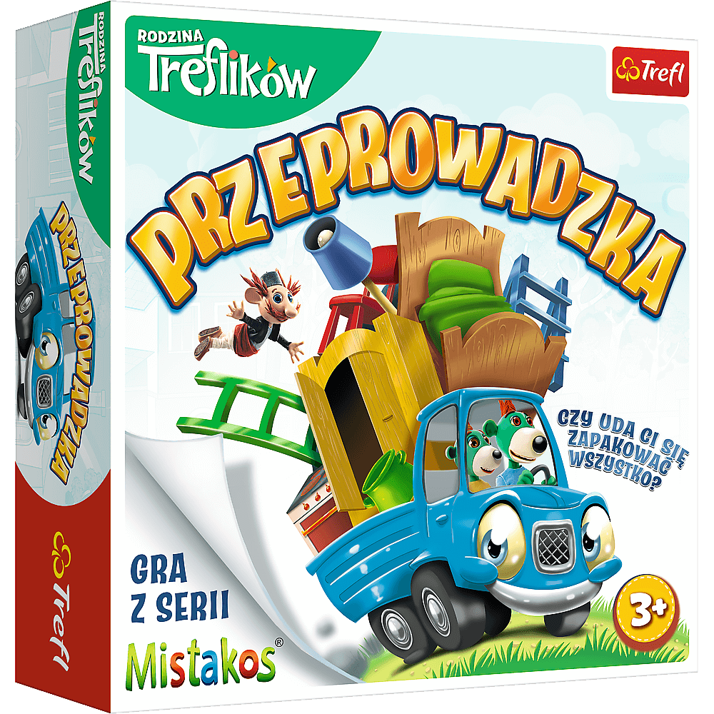 Gra zręcznościowa Trefl Przeprowadzka z Rodziną Treflików 02071. Dynamiczna rodzinna gra dla dzieci 3+, gdzie Trefliki pakują meble na samochód.