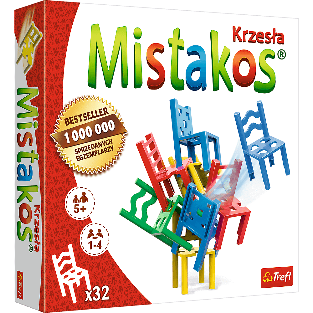 Gra zręcznościowa Mistakos Krzesła Trefl 02074 – bestsellerowa gra rodzinna z kolorowymi krzesłami do układania, gwarantująca wciągającą zabawę.