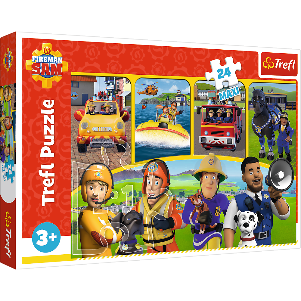 Puzzle Trefl Strażak Sam i przyjaciele 24 Maxi, kolorowe obrazki z bohaterami bajki dla dzieci.