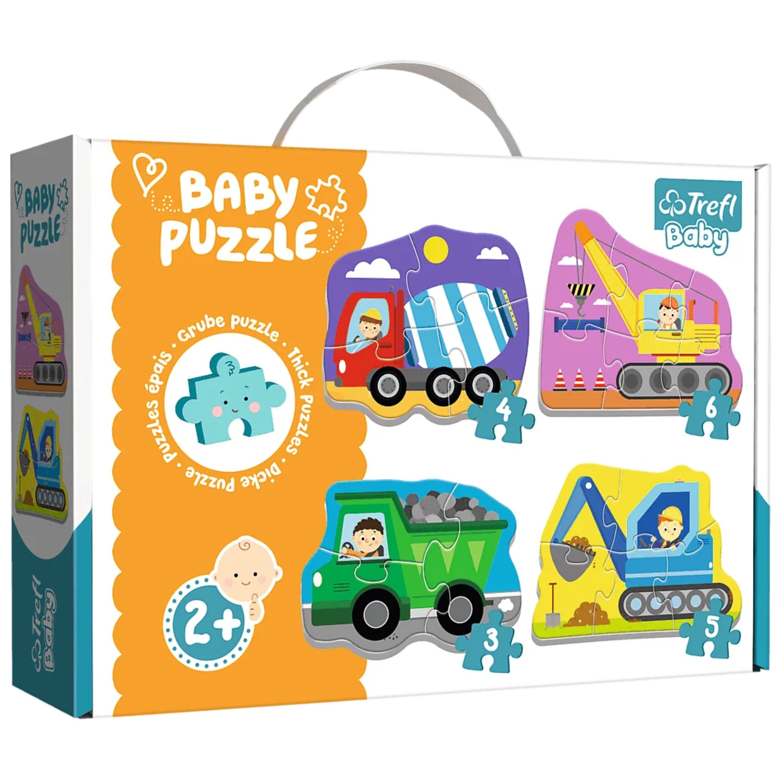 Puzzle - Baby Classic - Construction Vehicles - Cement Mixer Dump Truck Excavator Crane - Trefl 36072