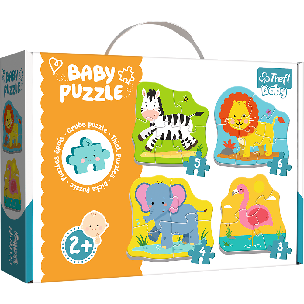 Puzzle - Baby Classic - Zwierzątka na safari - Zebra Lew Słoń Flaming - Trefl 36073