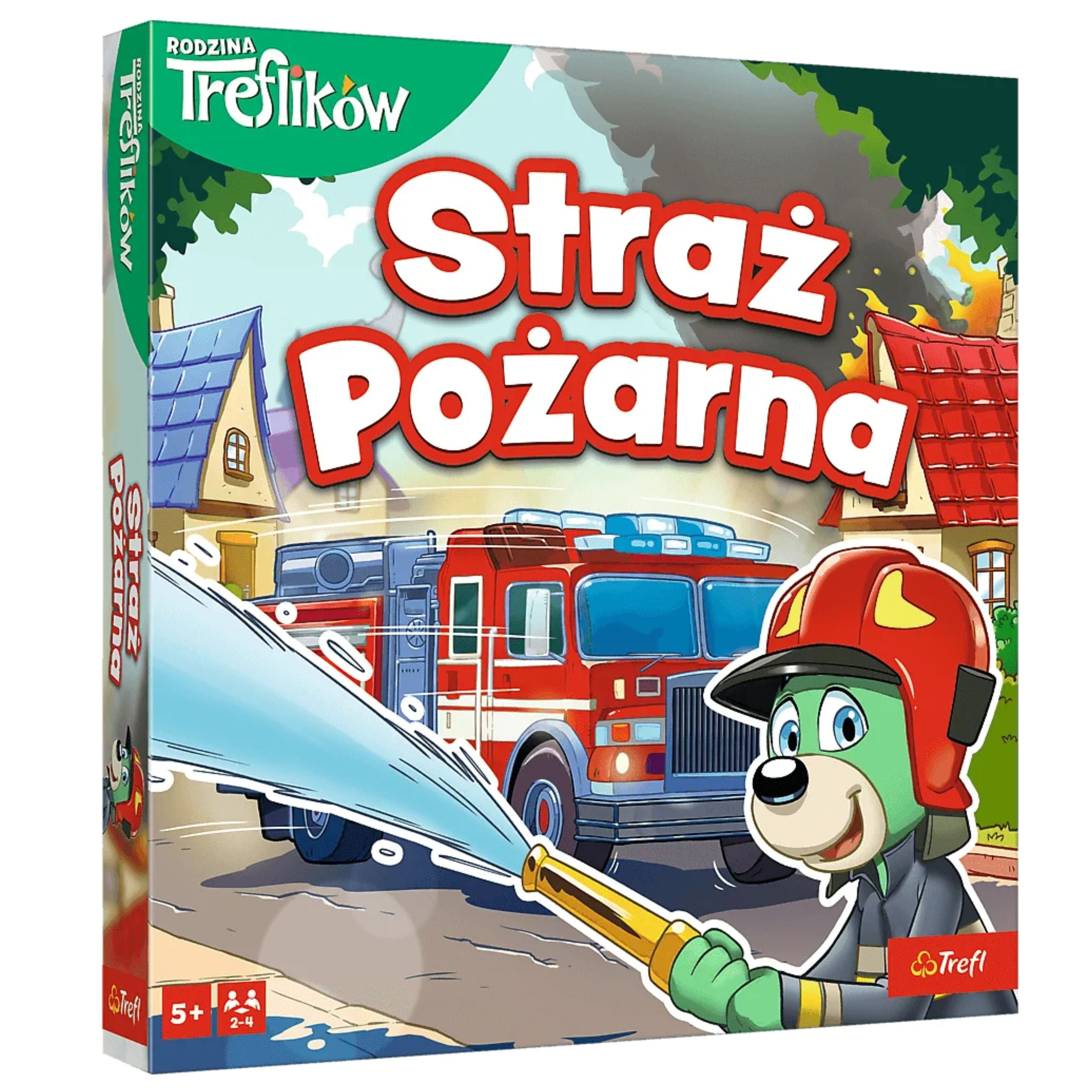Gra rodzinna Straż Pożarna Rodzina Treflików Trefl 02814. Kolorowa okładka przedstawia Treflika-strażaka gaszącego pożar w mieście, z wozem strażackim. Wciągająca gra kooperacyjna dla dzieci od 5 lat.