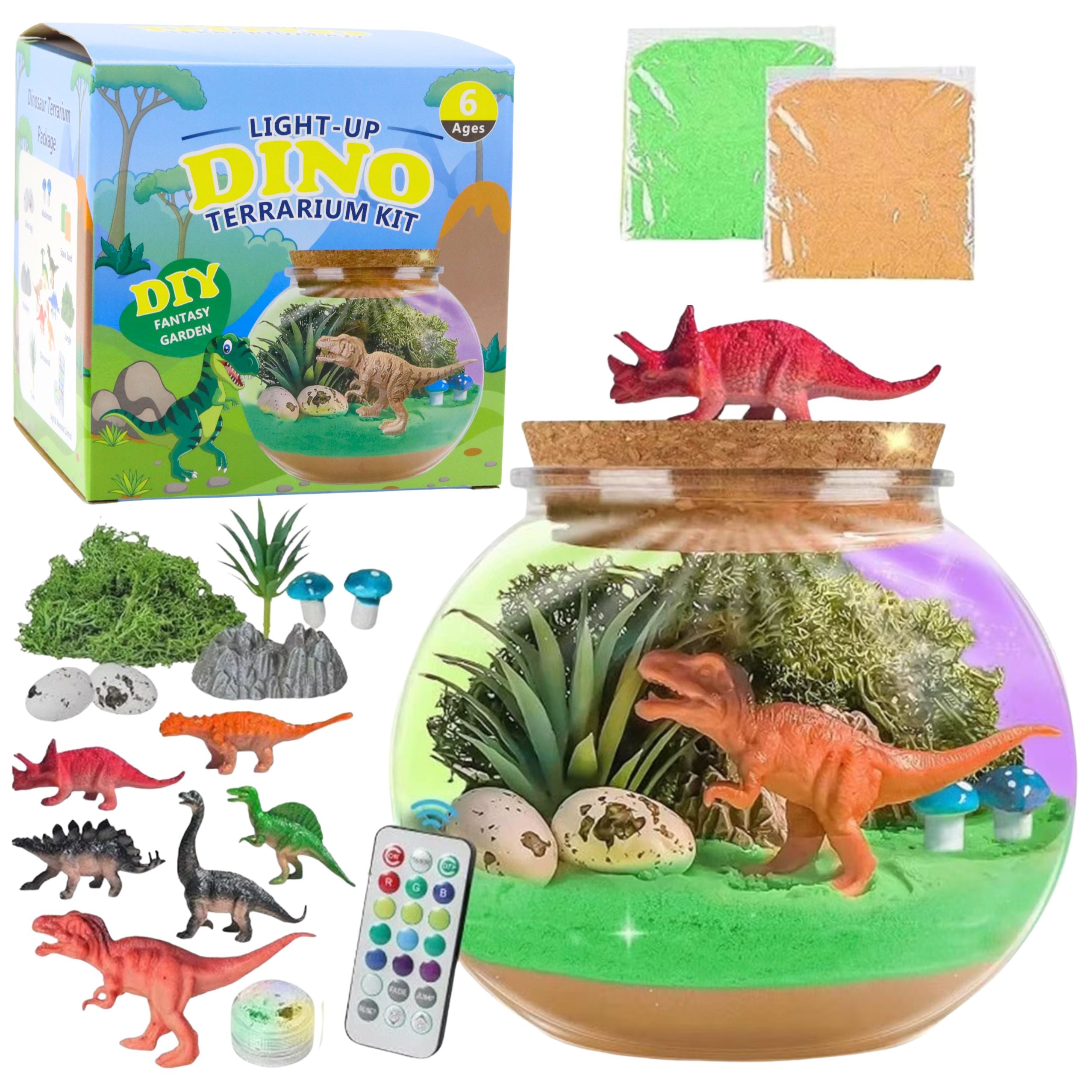Zestaw Kreatywny Terrarium Dinozaury DIY Lampka LED Pilot z figurkami, roślinnością i piaskiem, idealny do tworzenia magicznego świata dla dzieci.