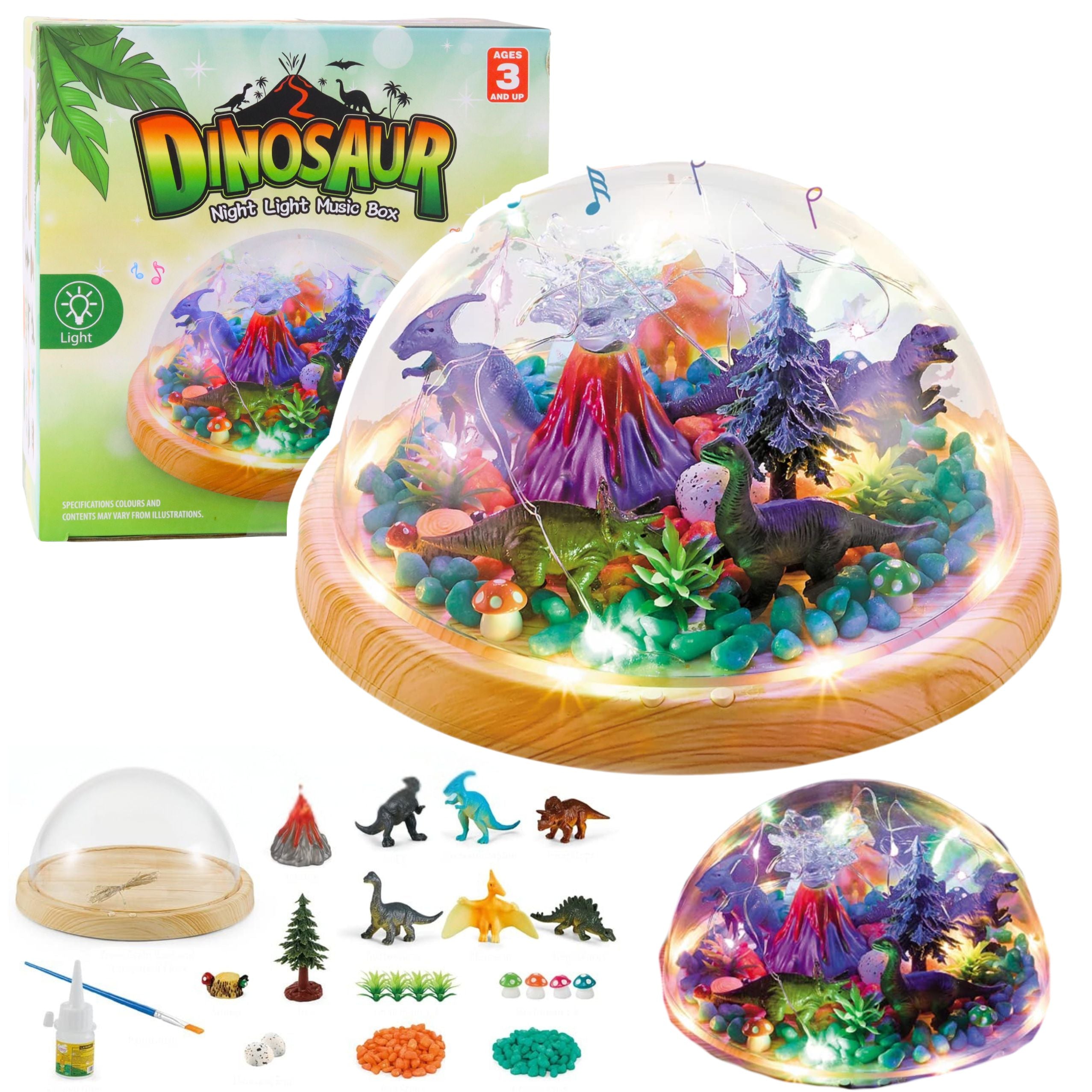 Zestaw kreatywny DIY: magiczne terrarium z dinozaurami, lampka nocna LED z muzyką, idealne dla dzieci.