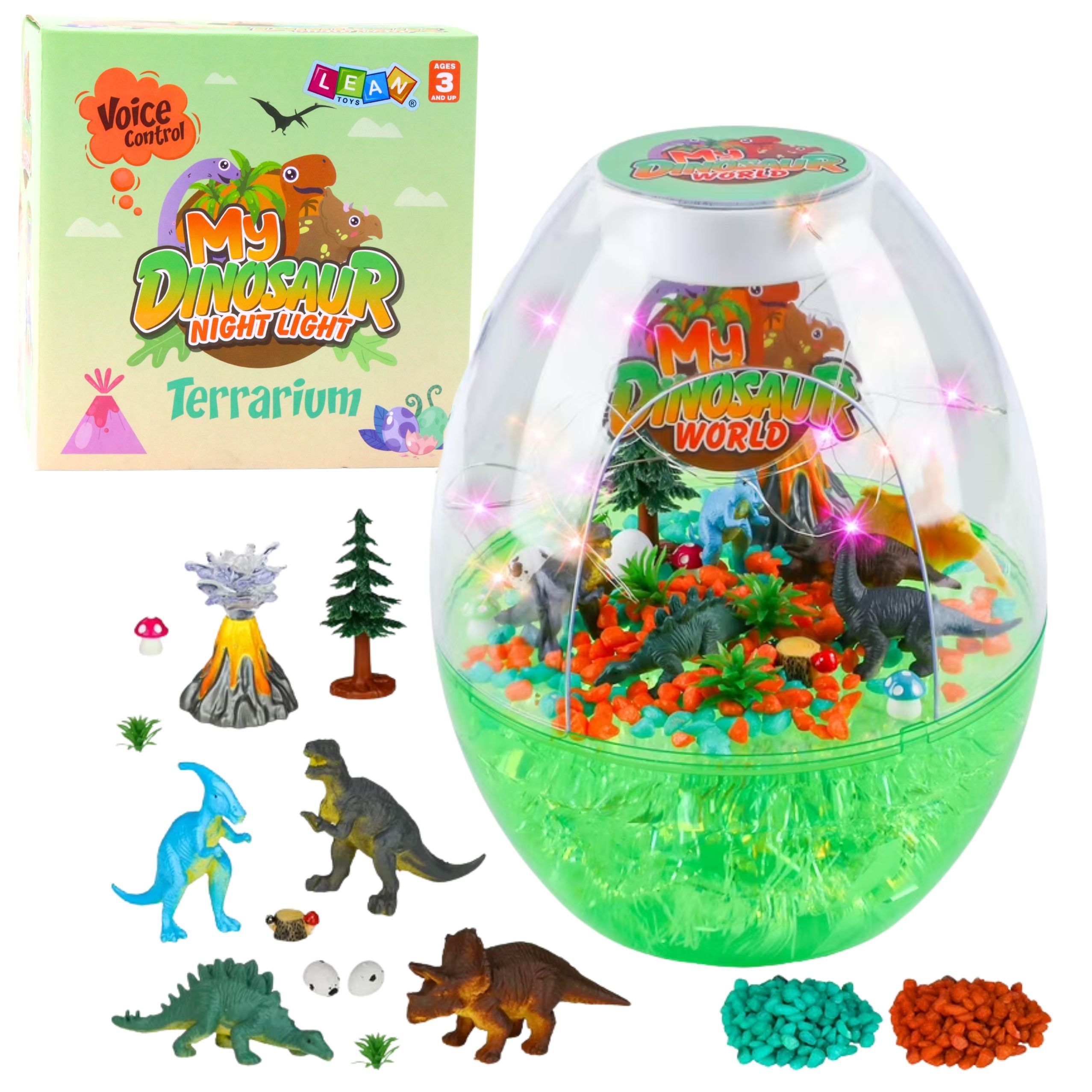Zestaw kreatywny DIY Terrarium z Dinozaurami: lampka nocna ze sterowaniem głosem. Widoczne pudełko oraz wszystkie elementy do samodzielnego stworzenia – figurki dinozaurów, wulkan, drzewka, kamyki i podświetlone terrarium LED, idealne dla dzieci.