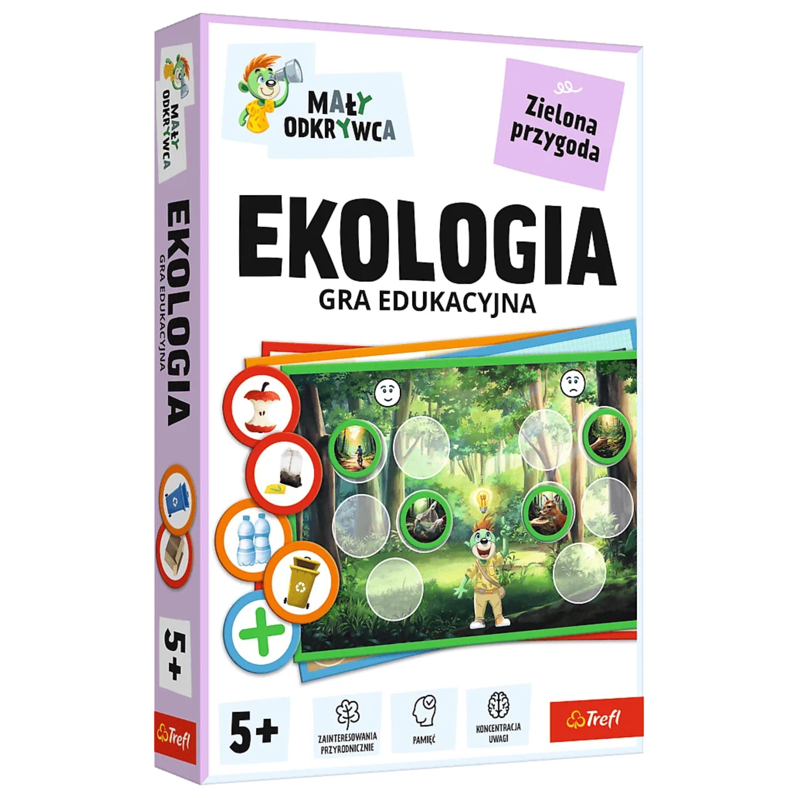 Gra edukacyjna Trefl Ekologia Mały Odkrywca 02806 dla dzieci 5+, ucząca ochrony środowiska, recyklingu i segregacji śmieci poprzez zieloną przygodę, rozwijająca pamięć, wyobraźnię i słownictwo.