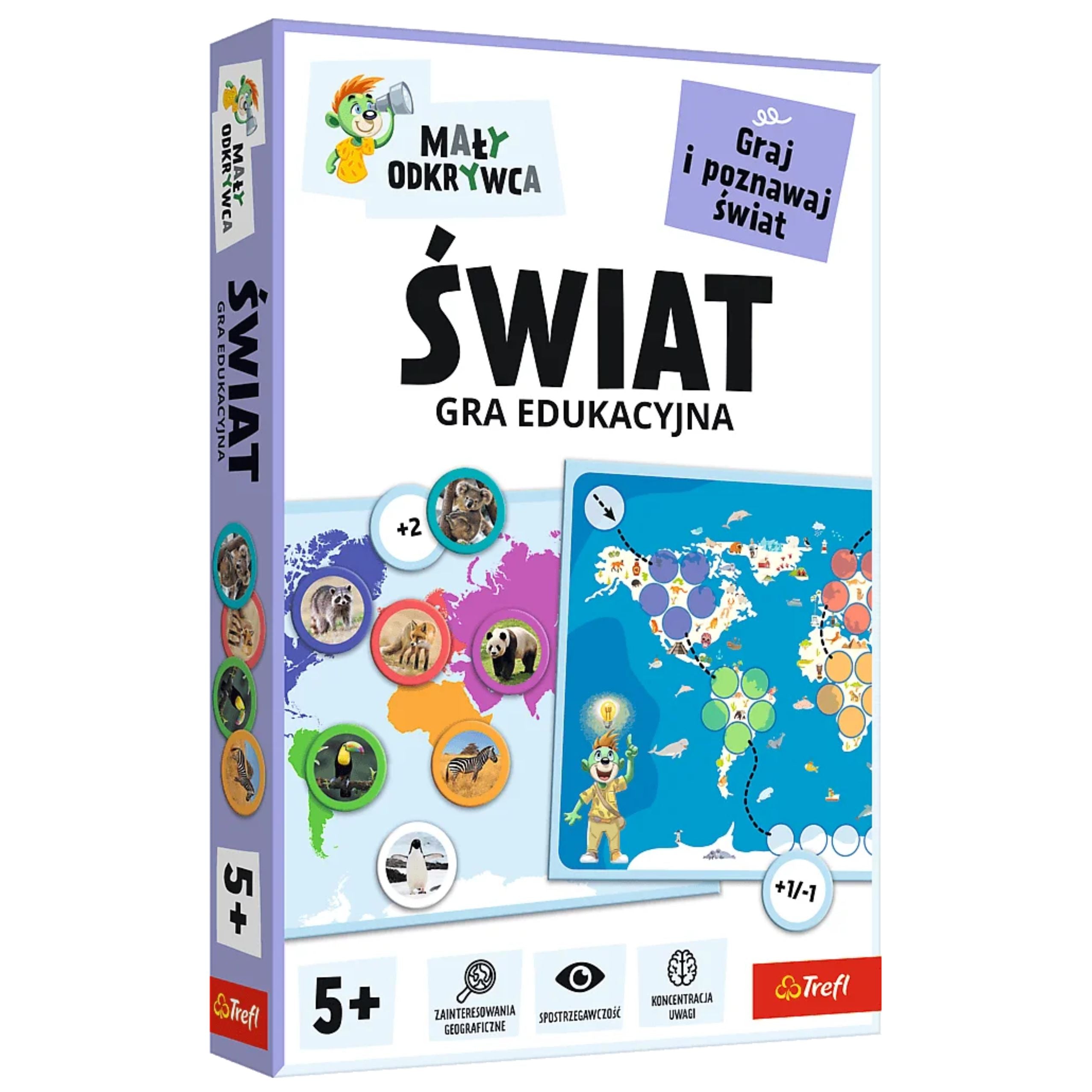 Gra edukacyjna Trefl Świat Mały Odkrywca 02807 dla dzieci. Barwne opakowanie prezentuje mapę świata, urocze zwierzęta i kontynenty, idealne do rozwijania pamięci, wyobraźni i słownictwa przedszkolaków 5+.