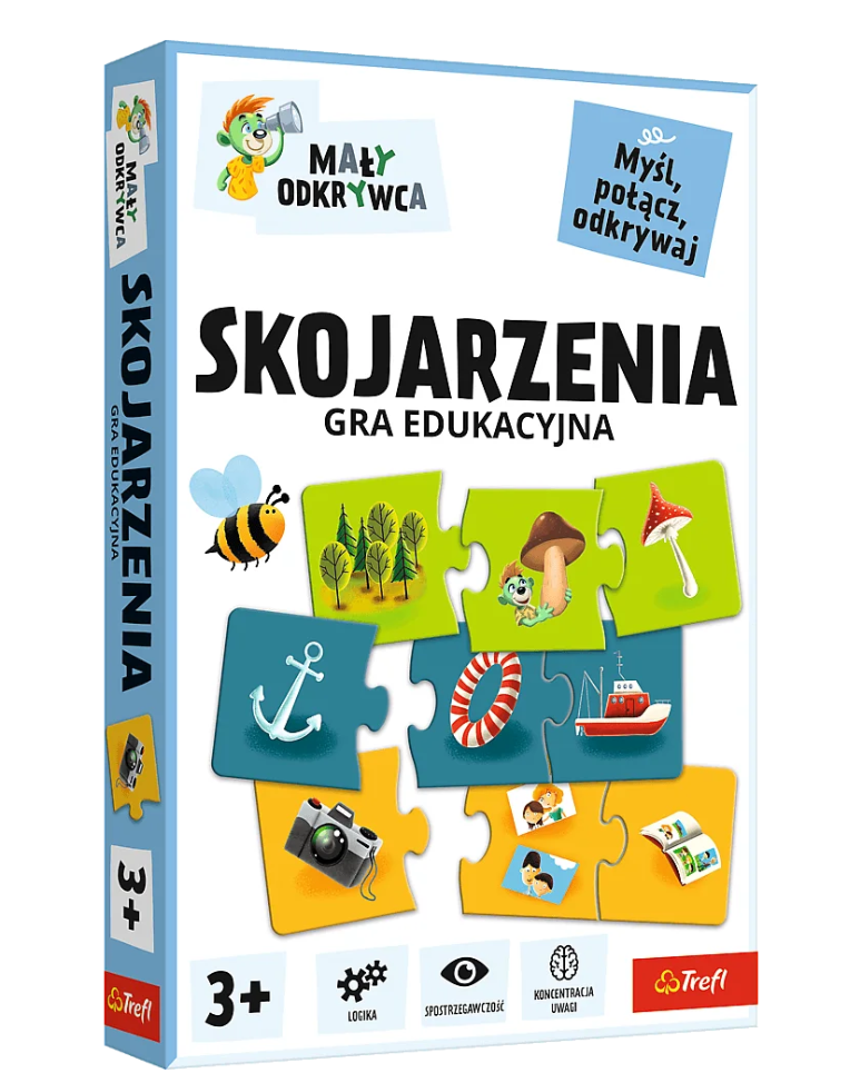 Pudełko gry edukacyjnej Skojarzenia Mały Odkrywca Trefl 02808. Kolorowa układanka dla dzieci 3+ rozwijająca nazywanie, klasyfikowanie, koncentrację, spostrzegawczość, logikę i zdolności manualne. Idealny prezent.