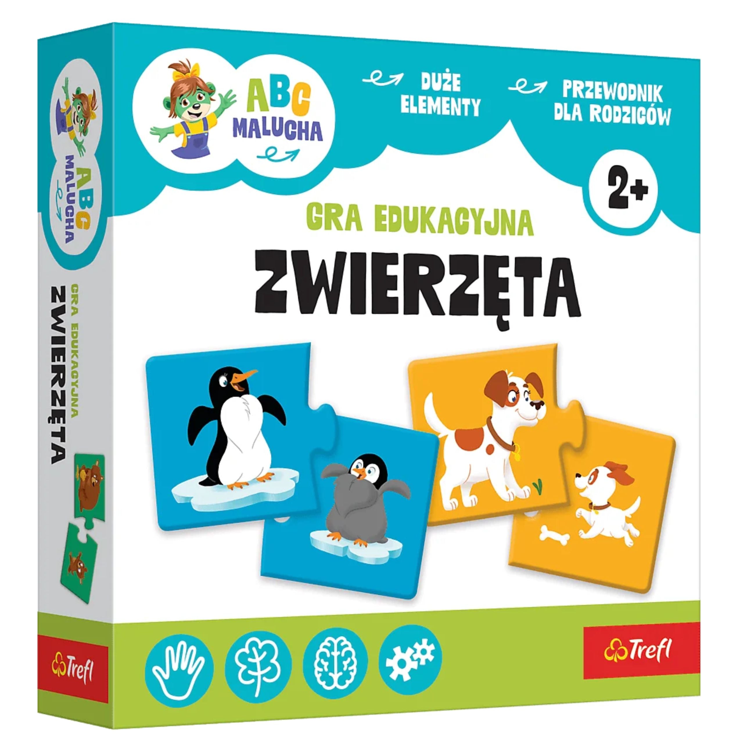 Opakowanie gry edukacyjnej Trefl ABC Malucha Zwierzęta 02905 dla dzieci 2+. Widoczne duże puzzle z wesołymi pingwinami i psami promują rozwój pamięci i umiejętności kojarzenia par zwierzątek.
