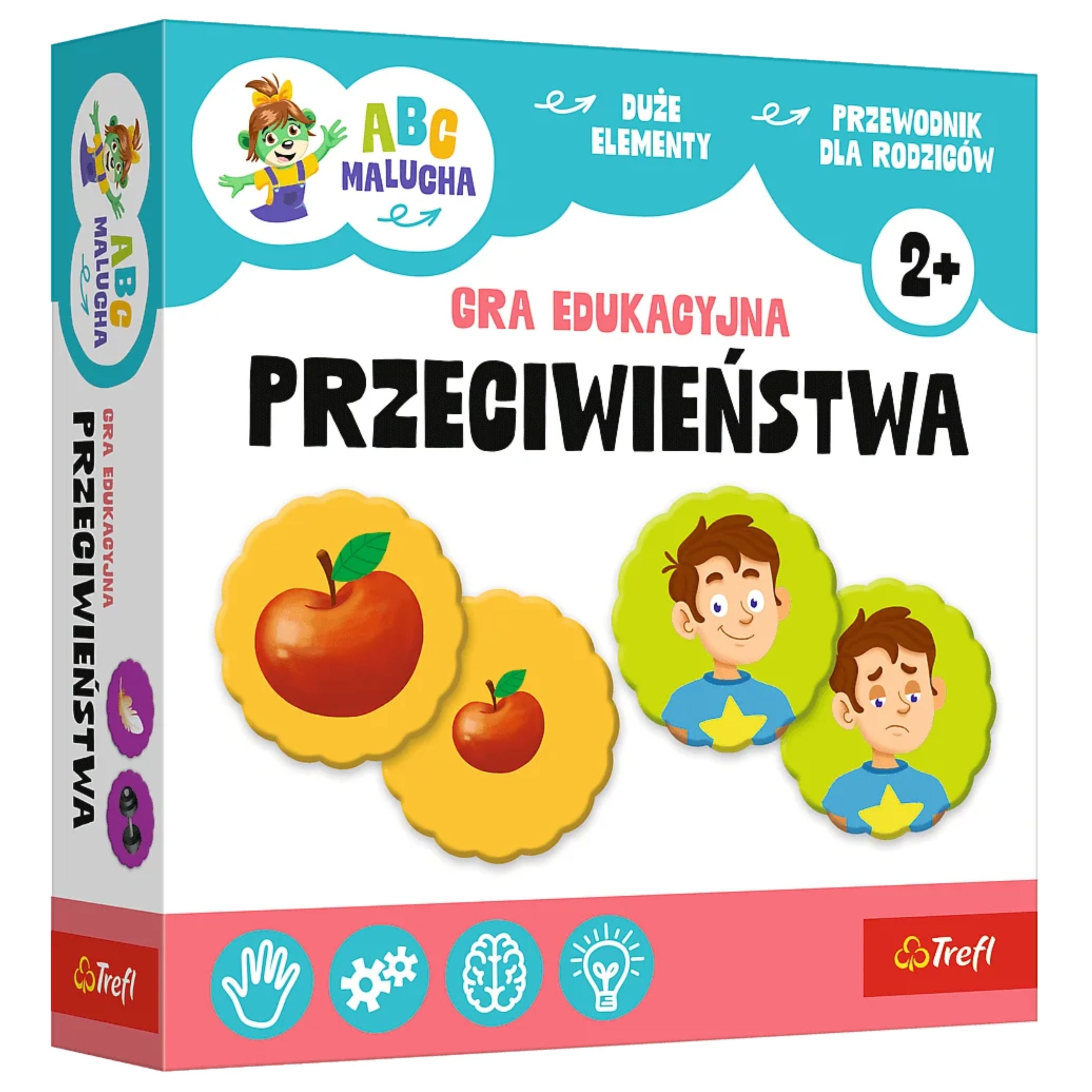 Gra edukacyjna Trefl ABC Malucha Przeciwieństwa 02908 dla dzieci 2+, idealna do nauki pojęć i rozwijania pamięci. Zawiera duże elementy i przewodnik dla rodziców.