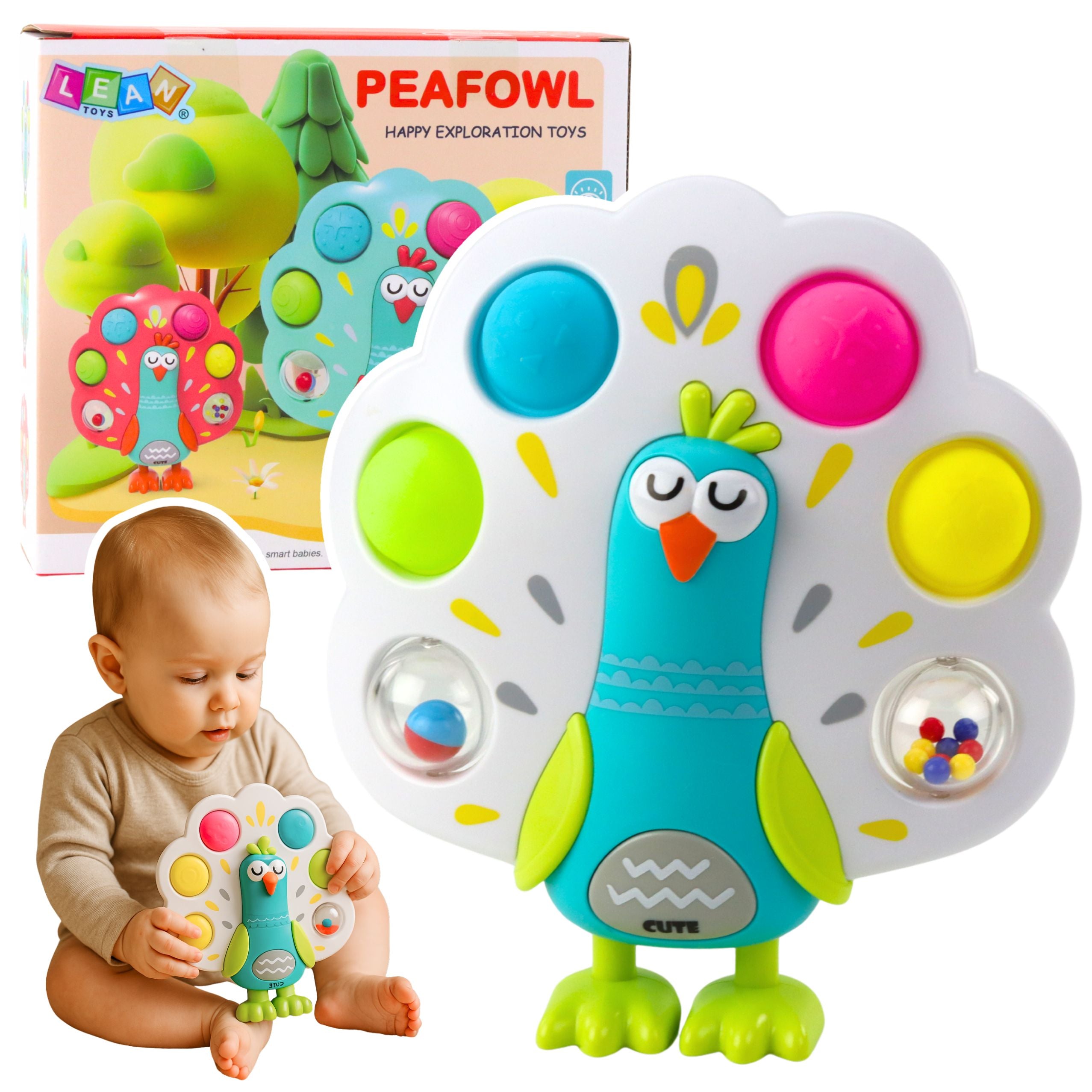 Zabawka Sensoryczna Pop-It Paw Obrotowe Kulki Dźwięk Kolorowy. Niemowlę bawi się interaktywnym pawiem z kolorowymi bąbelkami, obrotowymi kulkami i fakturami, wspierającym rozwój zmysłów i motoryki małej.