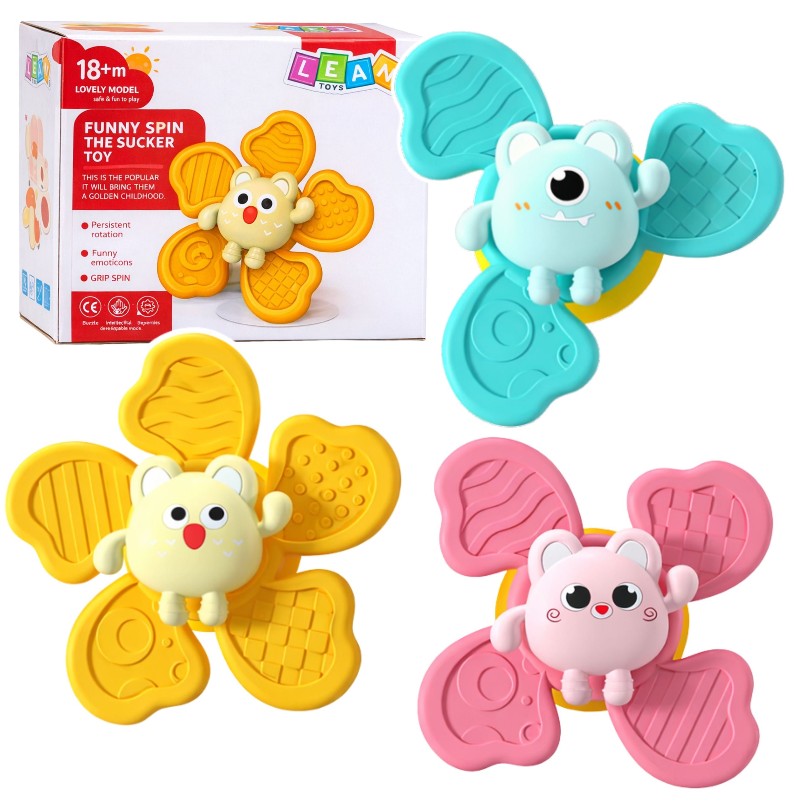 Kolorowy zestaw 3 wirujących fidget spinnerów-grzechotek z przyssawkami dla dzieci. Sensoryczne zabawki stymulujące rozwój najmłodszych.