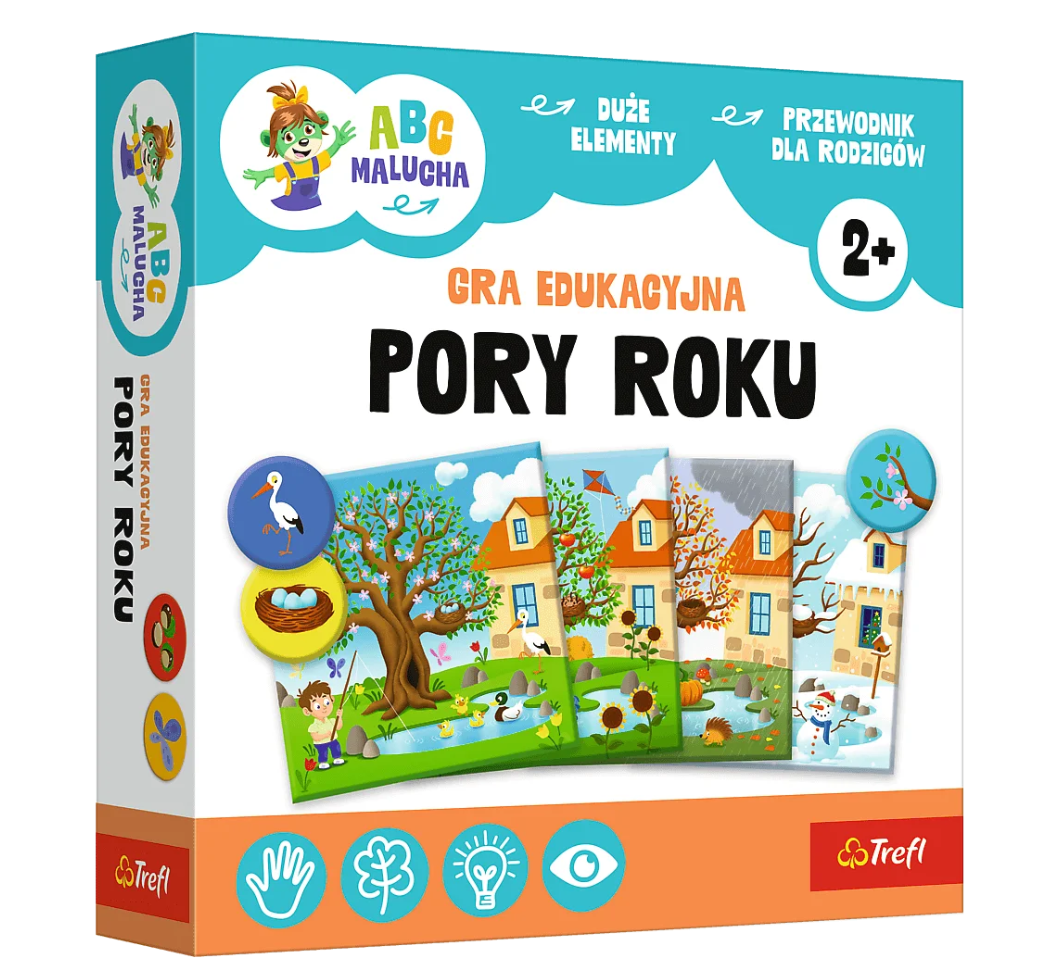 Gra edukacyjna Trefl Pory Roku ABC Malucha 02906: pudełko z ilustracjami wiosny, lata, jesieni i zimy, idealna dla dzieci 2+, rozwijająca zdolności poznawcze, spostrzegawczość i logiczne myślenie o zmianach w ciągu roku.