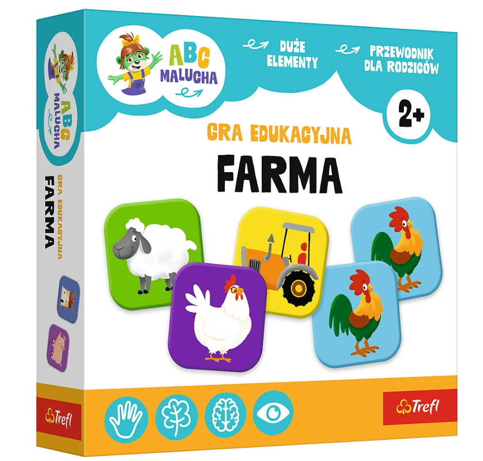 Gra edukacyjna Farma ABC Malucha Rodzina Treflików Trefl 02909 dla dzieci 2+, wesoła gra memory z kolorowymi zwierzętami i przedmiotami z farmy.