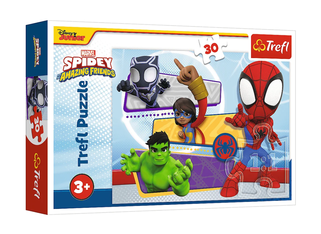Opakowanie puzzli Trefl Marvel Odważny Spidey i jego przyjaciele, 30 elementów, z wizerunkami Spider-Mana, Hulka, Ms. Marvel i Czarnej Pantery, idealne dla dzieci od 3 lat.