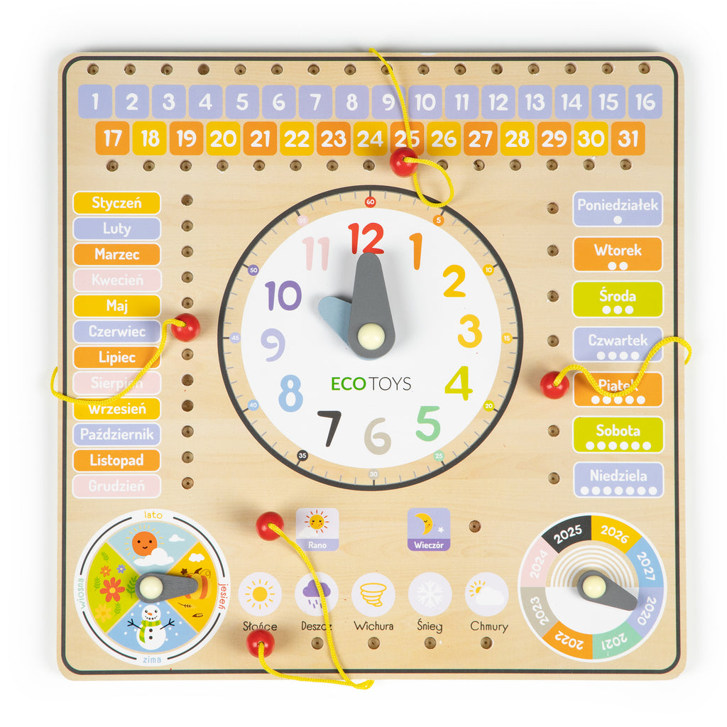 Drewniana tablica manipulacyjna kalendarz zegar ECO TOYS – edukacyjna zabawka dla dzieci, ucząca dni tygodnia, miesięcy, pór roku i odczytywania godziny.