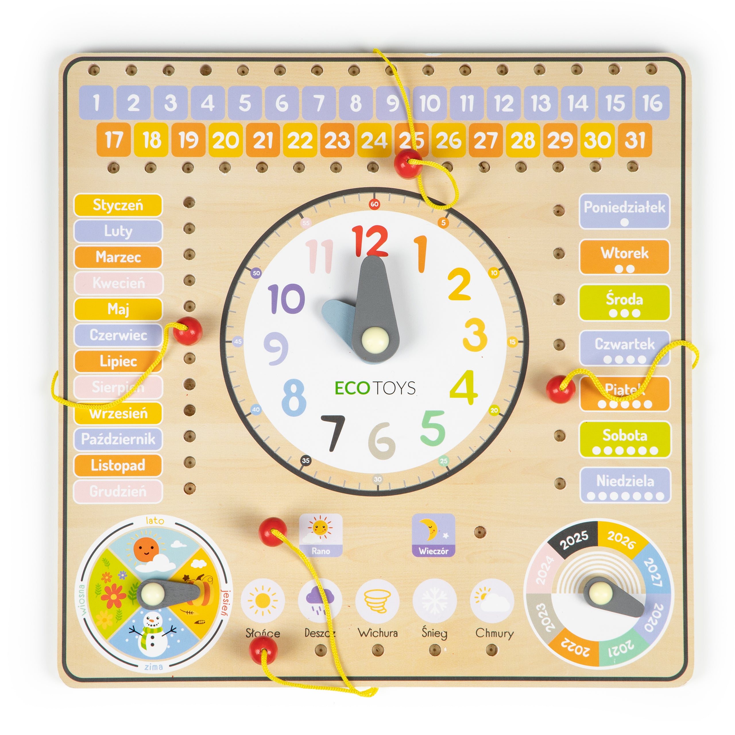 Drewniana tablica manipulacyjna kalendarz zegar ECO TOYS – edukacyjna zabawka dla dzieci, ucząca dni tygodnia, miesięcy, pór roku i odczytywania godziny.