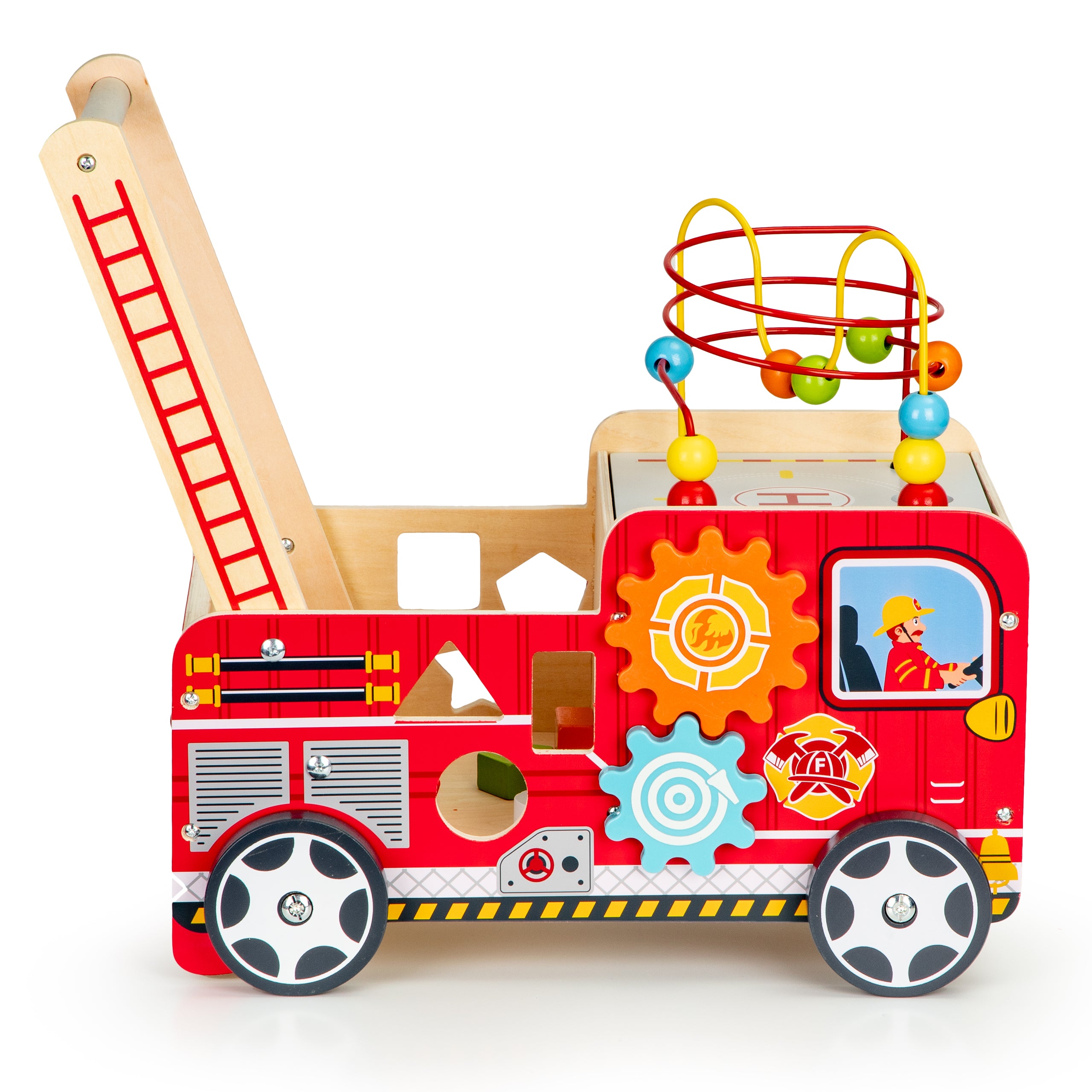 Drewniany pchacz edukacyjny dla dzieci w kształcie wozu strażackiego, z klockami, sorterem kształtów i labiryntem koralikowym, idealny do nauki chodzenia i rozwoju motoryki.