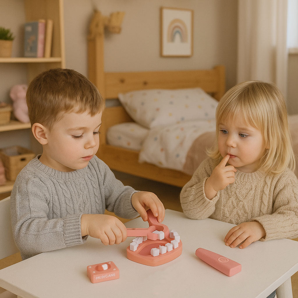 Dzieci bawią się w dentystę, używając drewnianego zestawu małego lekarza. Chłopiec bada drewniane zęby na modelu, a dziewczynka z uwagą obserwuje, rozwijając ciekawość i oswajając się z wizytami u lekarza.