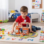 Drewniany garaż zestaw straży pożarnej 2w1 – remiza i wóz 2 piętra figurki pojazdy ECOTOYS