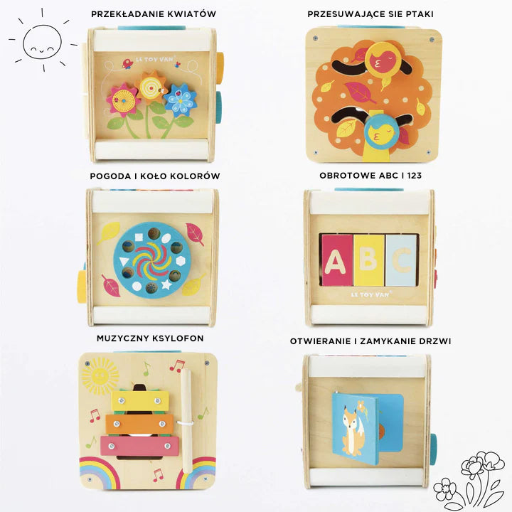 Drewniana kostka edukacyjna Le Toy Van. 6 stron z angażującymi aktywnościami sensorycznymi dla dzieci: cymbałki, obrotowe elementy, przesuwane klocki, otwierane drzwi.