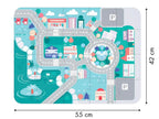 Mata edukacyjna puzzle miasto z drogami, budynkami i rondem, idealna do bezpiecznej zabawy drewnianymi klockami, wspierająca rozwój dzieci.