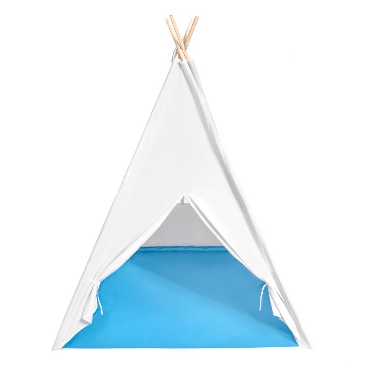 Biały namiot tipi dla dzieci z niebieską podłogą – idealny wigwam do kreatywnej zabawy w domu i ogrodzie.