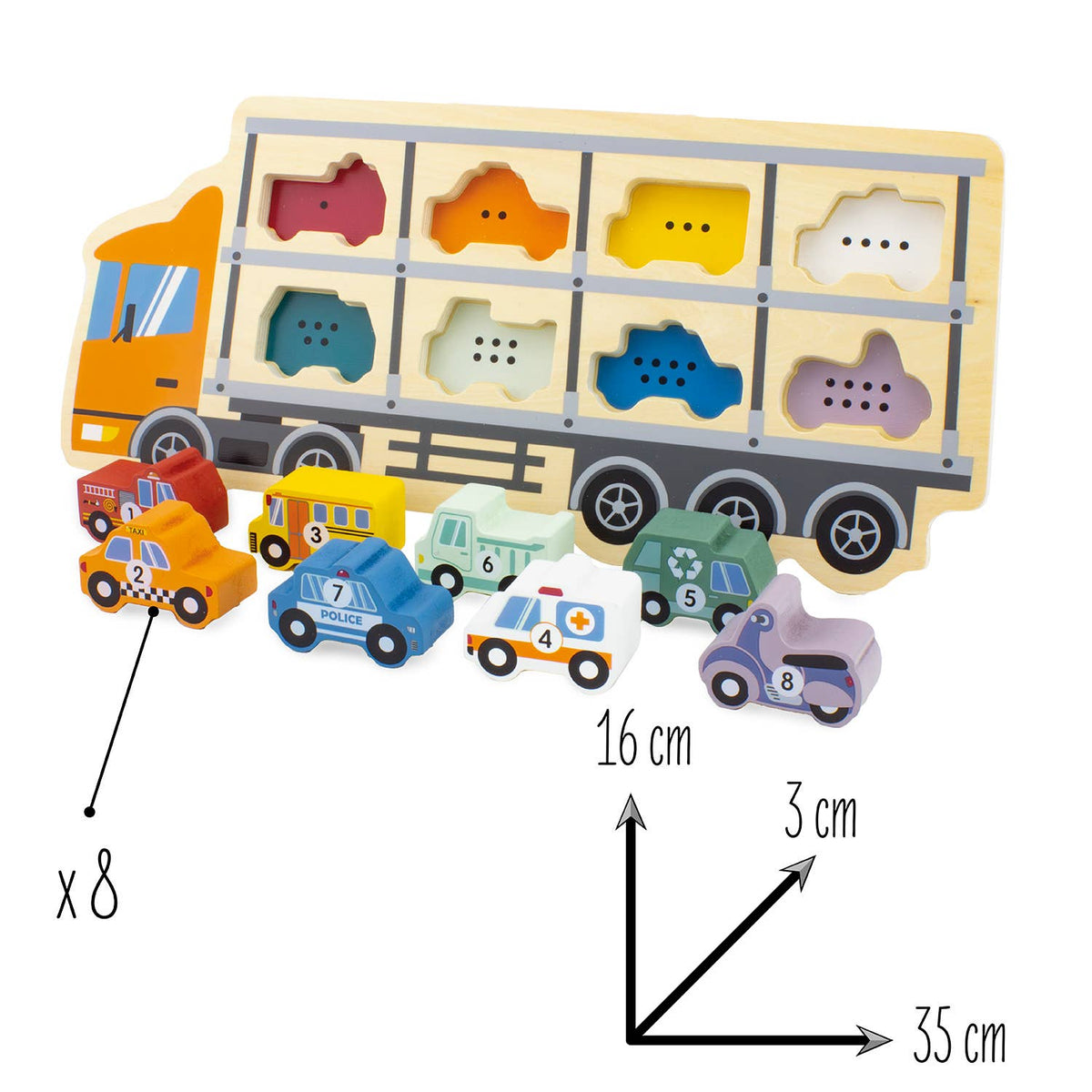 Puzzle laweta z autkami i wymiarami 35 × 16 × 3 cm