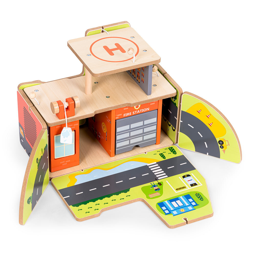 Drewniany garaż zestaw straży pożarnej 2w1 – remiza i wóz 2 piętra figurki pojazdy ECOTOYS