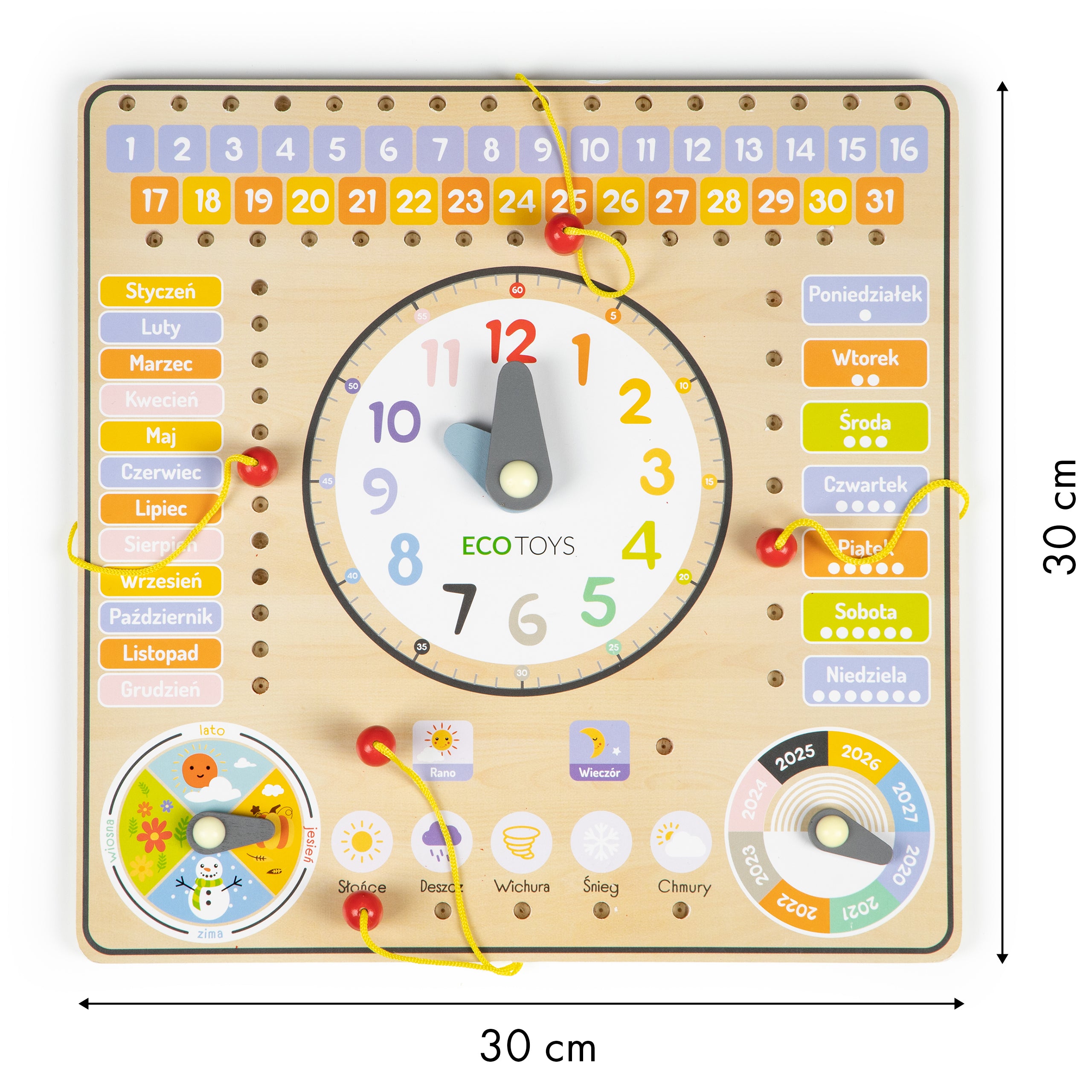 Drewniana tablica manipulacyjna ECO TOYS kalendarz i zegar edukacyjny dla dzieci, z miesiącami, dniami tygodnia, porami roku i pogodą, idealna do nauki i rozwoju malucha.