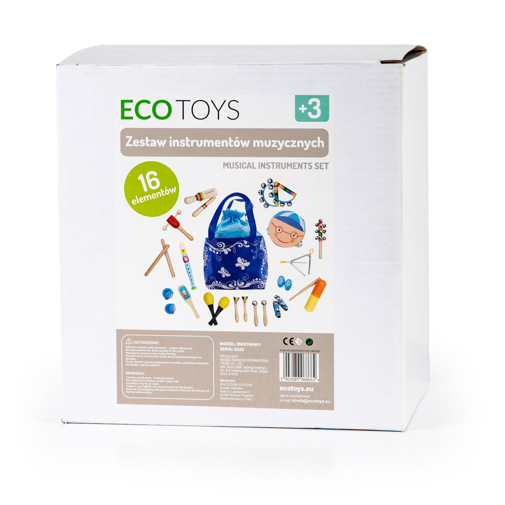 Pudełko Zestawu 16 drewnianych instrumentów muzycznych ECO TOYS dla dzieci z torbą, idealne na prezent.