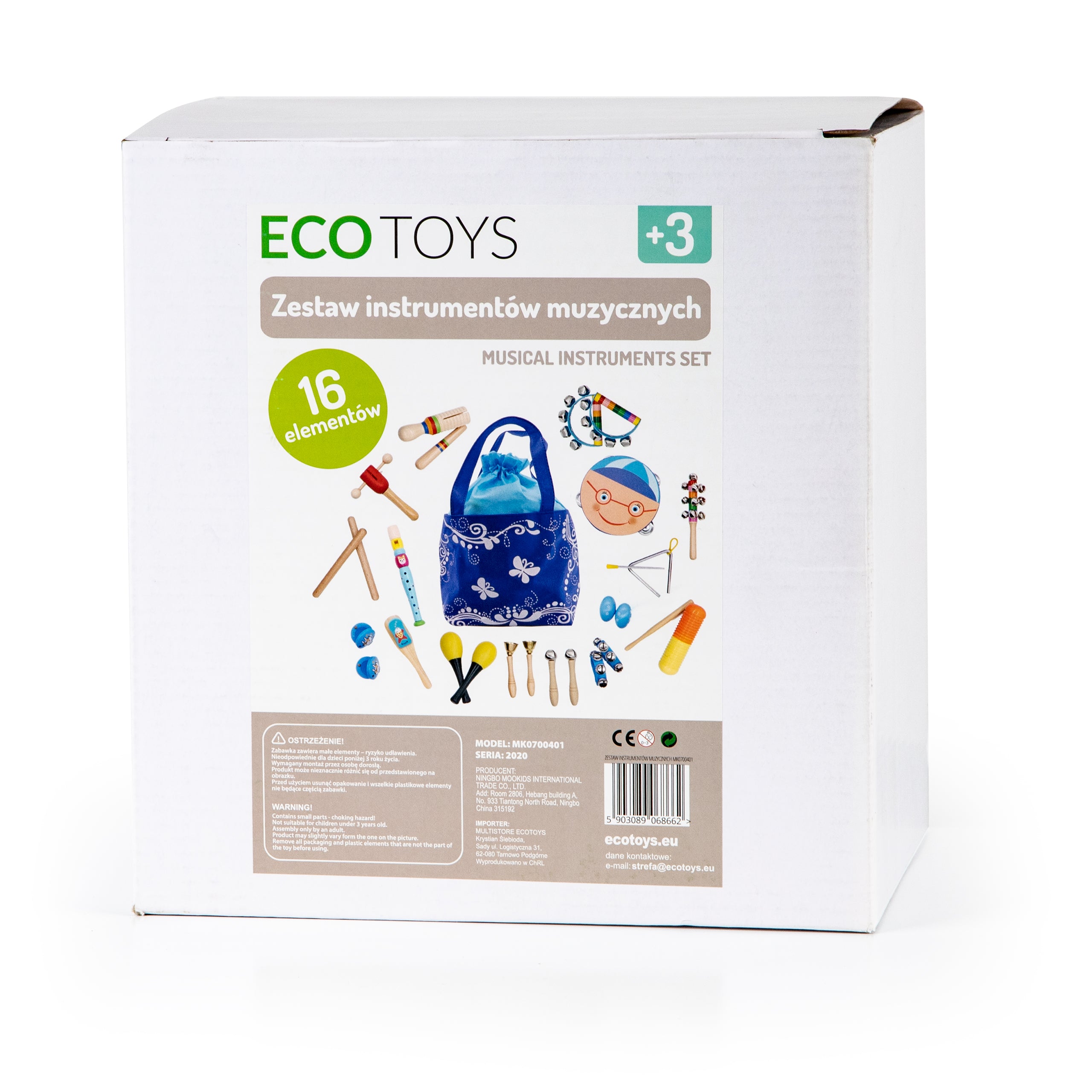Pudełko Zestawu 16 drewnianych instrumentów muzycznych ECO TOYS dla dzieci z torbą, idealne na prezent.