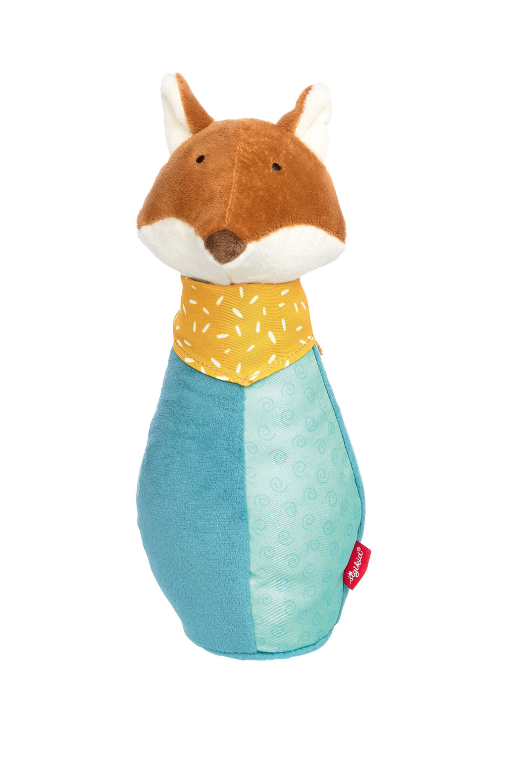 Uroczy pluszowy kręgiel-lis z wbudowaną grzechotką, element zestawu miękkich kręgli dla dzieci. Idealna zabawka rozwojowa wspierająca motorykę i zmysły.