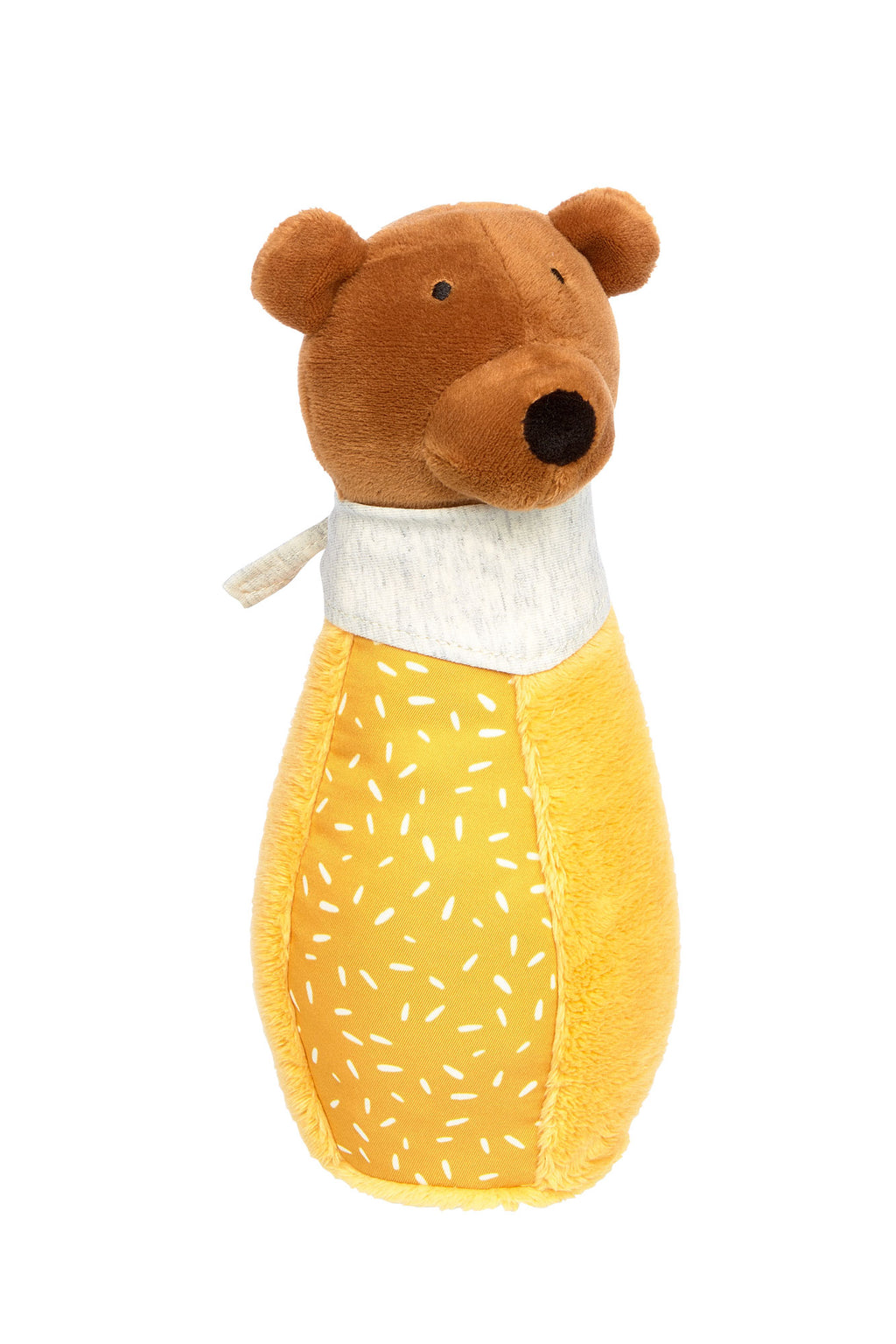 Miękki pluszowy kręgiel miś, żółto-brązowa zabawka sensoryczna z grzechotką dla dzieci, z zestawu kręgli.