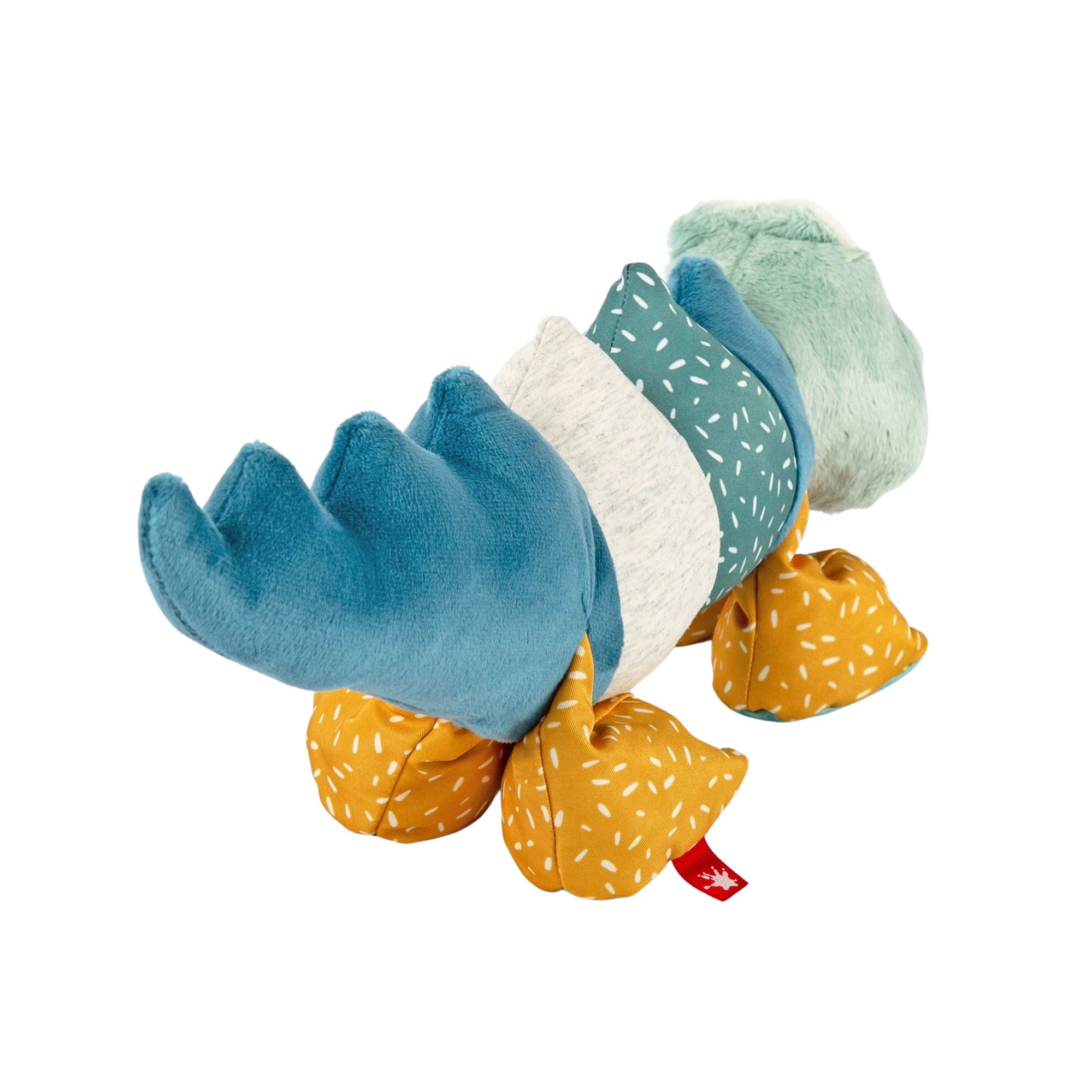 Urocza patchworkowa przytulanka Krokodyl 43cm, pluszowa maskotka z różnorodnych tkanin o pastelowej kolorystyce, idealna dla niemowląt.