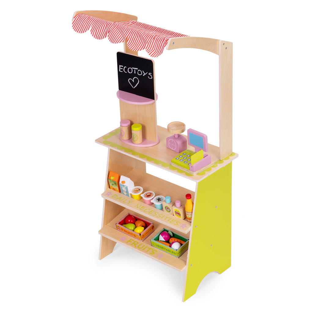 Drewniany stragan dla dzieci, komplet 20 elementów z kasą, terminalem, wagą oraz drewnianymi owocami i warzywami do zabawy w sklep.