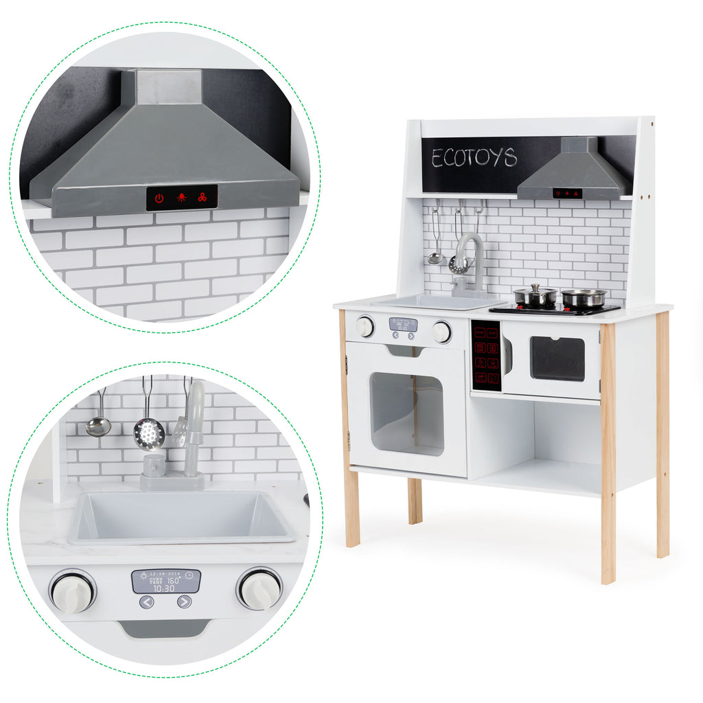 Drewniana kuchnia ECOTOYS dla dzieci z dźwiękami, światełkami, piekarnikiem, mikrofalą, okapem i akcesoriami. Idealna do zabawy w szefa kuchni.