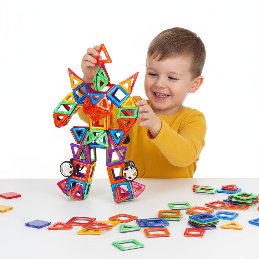 Szczęśliwy chłopiec buduje robota z kolorowych klocków magnetycznych konstrukcyjnych. Rozwija kreatywność i wyobraźnię przestrzenną w zabawie 3D.